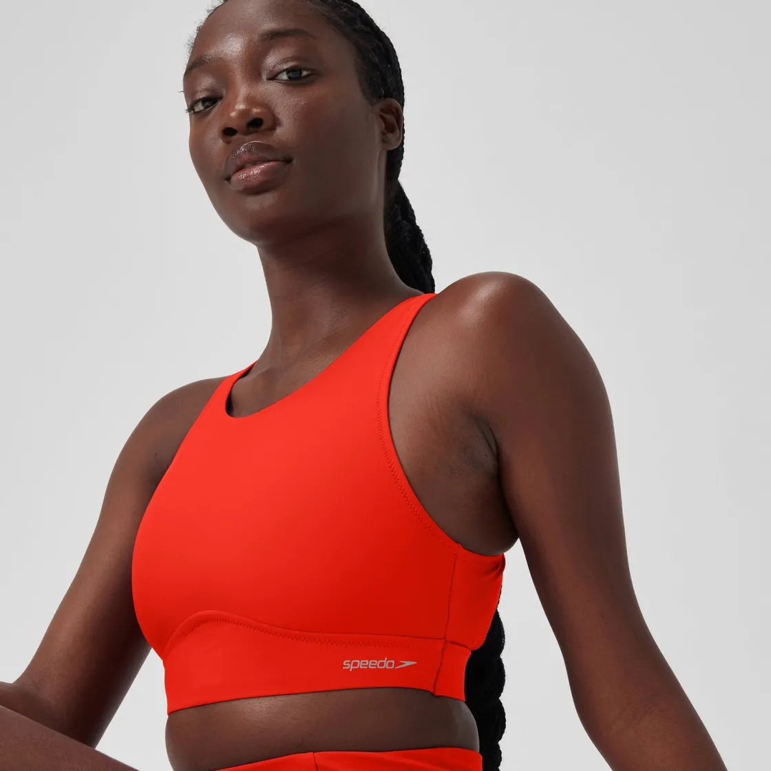 Two Pieces-Speedo Solid Highneck Top with Mesh Coquelicot Red