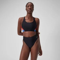Two Pieces-Speedo Women's Colourblock Bikini Top Black Orange Blue
