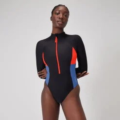Fitness|One Pieces-Speedo Women's Colourblock Long Sleeve Zip Swimsuit Black Orange Blue