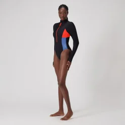 Fitness|One Pieces-Speedo Women's Colourblock Long Sleeve Zip Swimsuit Black Orange Blue