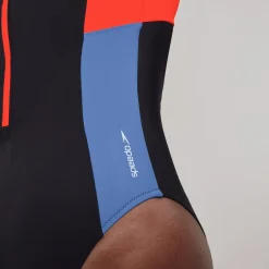 Fitness|One Pieces-Speedo Women's Colourblock Long Sleeve Zip Swimsuit Black Orange Blue