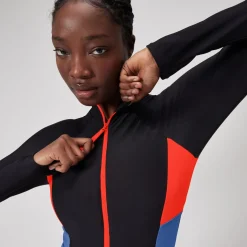 Fitness|One Pieces-Speedo Women's Colourblock Long Sleeve Zip Swimsuit Black Orange Blue