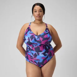 Fitness|One Pieces-Speedo Women's Shaping Printed V Neck One Piece (+) Pink Blue