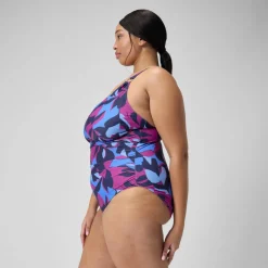 Fitness|One Pieces-Speedo Women's Shaping Printed V Neck One Piece (+) Pink Blue