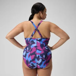 Fitness|One Pieces-Speedo Women's Shaping Printed V Neck One Piece (+) Pink Blue