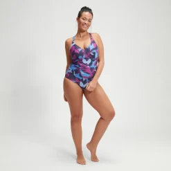 Fitness|One Pieces-Speedo Women's Shaping Printed V Neck One Piece Pink Blue