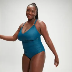 Fitness|One Pieces-Speedo Women's Shaping V Neck One Piece (+) Dark Teal
