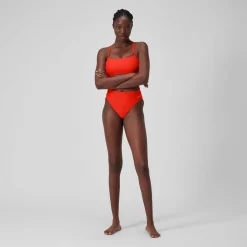 Two Pieces-Speedo Women's Solid Hi-Waist Bottom Coquelicot Red