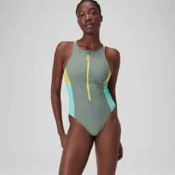 Fitness|One Pieces-Speedo Zip Colorblock One Piece Slate Green