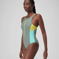 Fitness|One Pieces-Speedo Zip Colorblock One Piece Slate Green